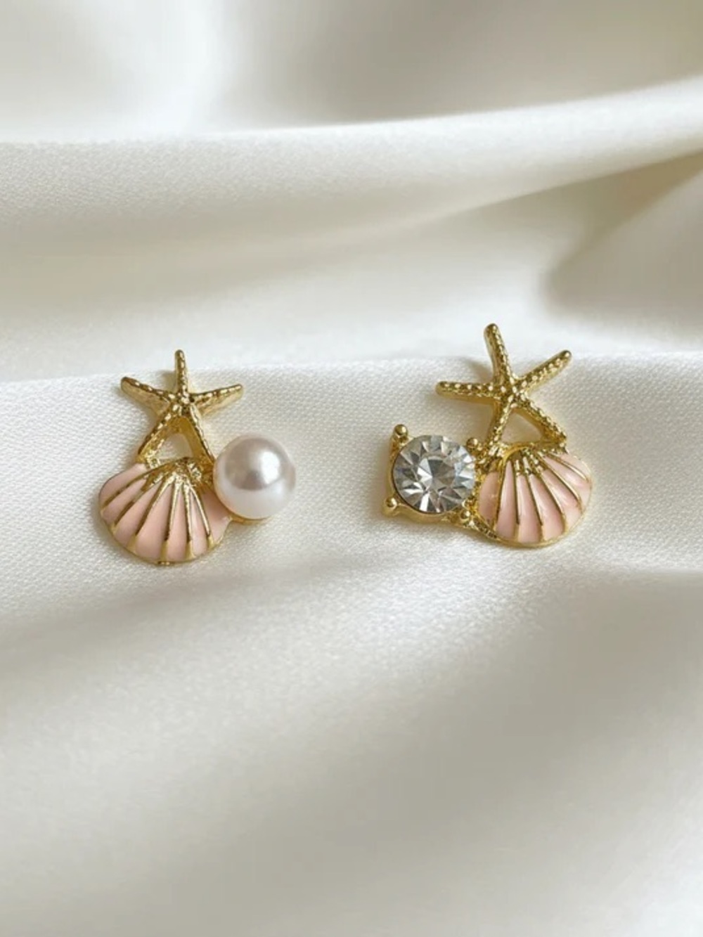 Gold Starfish & Pink Shell Stud Earrings with Pearl and Crystal Accents